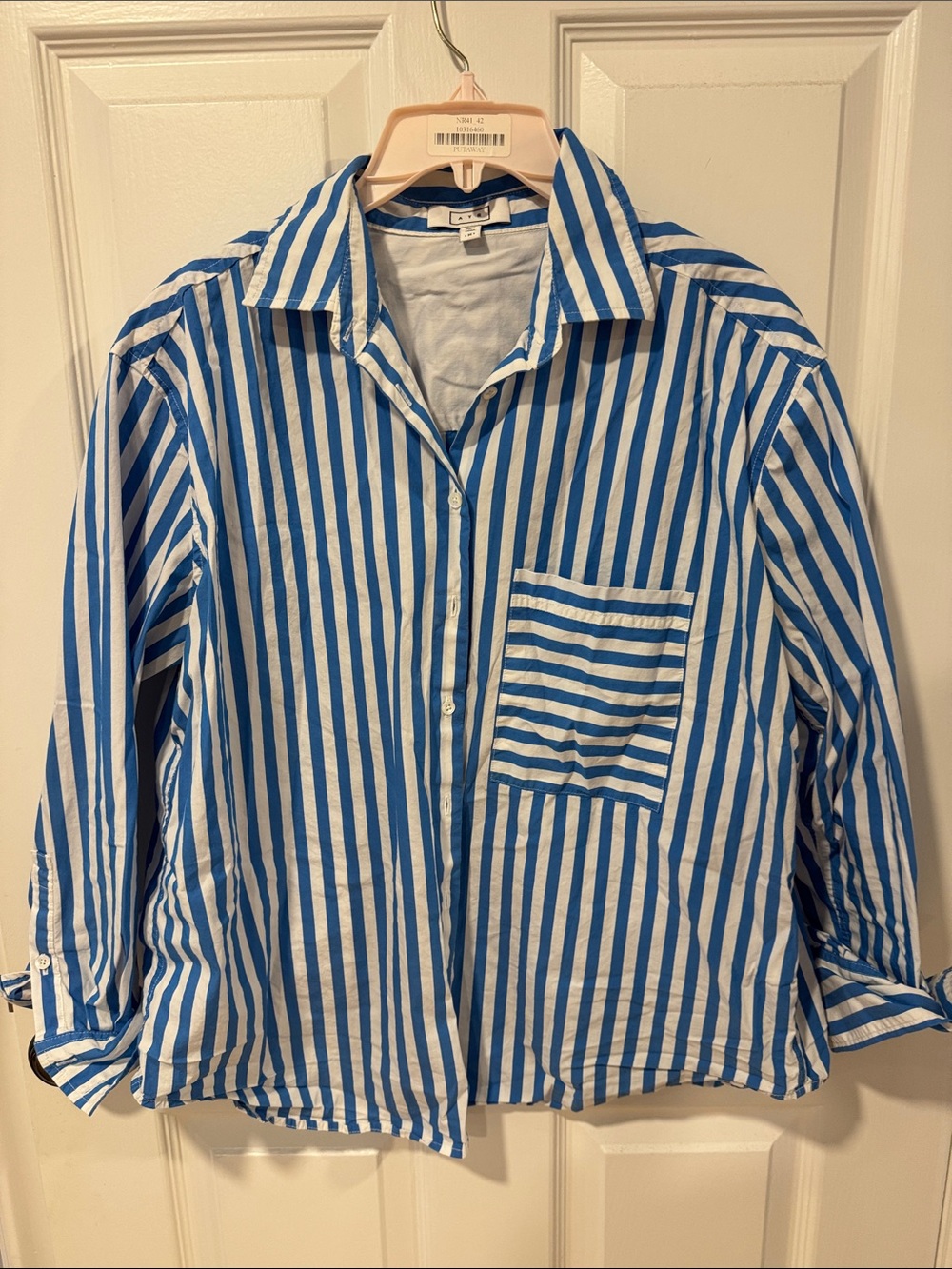 AYR Blue and White Vertical Stripe Button-Down Shirt